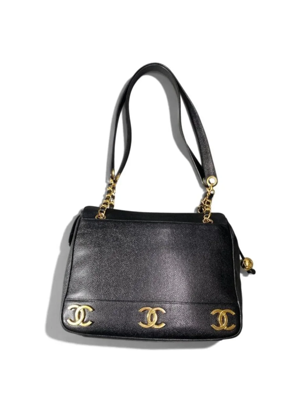 Chanel Triple CC Logo Caviar Leather Shoulder Bag Coco Chain Black